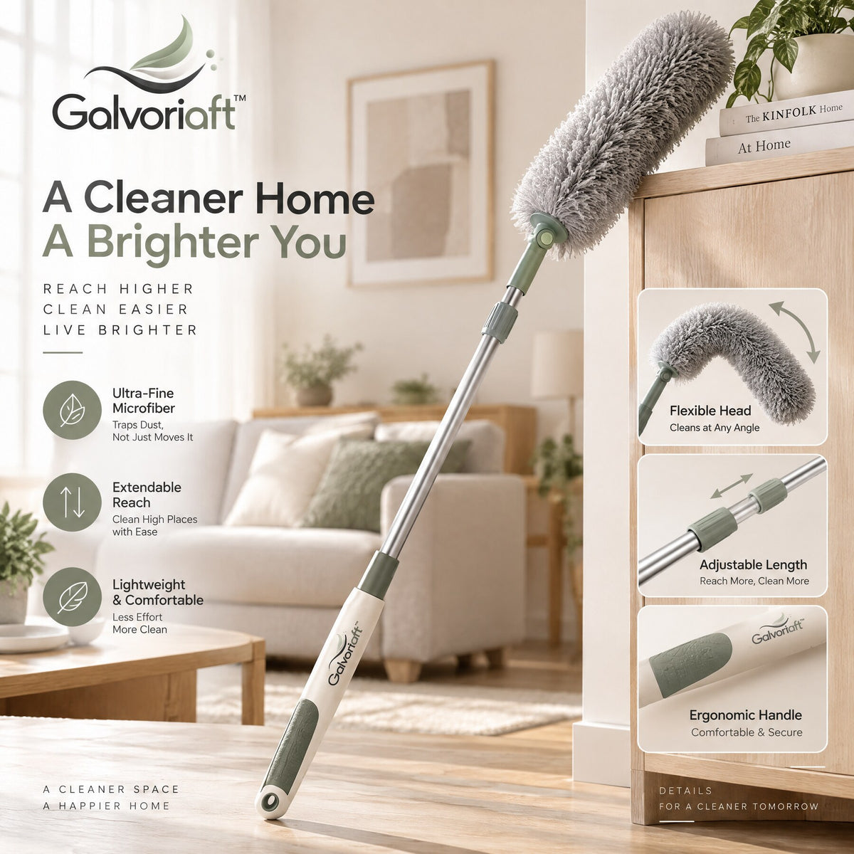 Galvoriaft™ Extendable Microfiber Duster – white background view