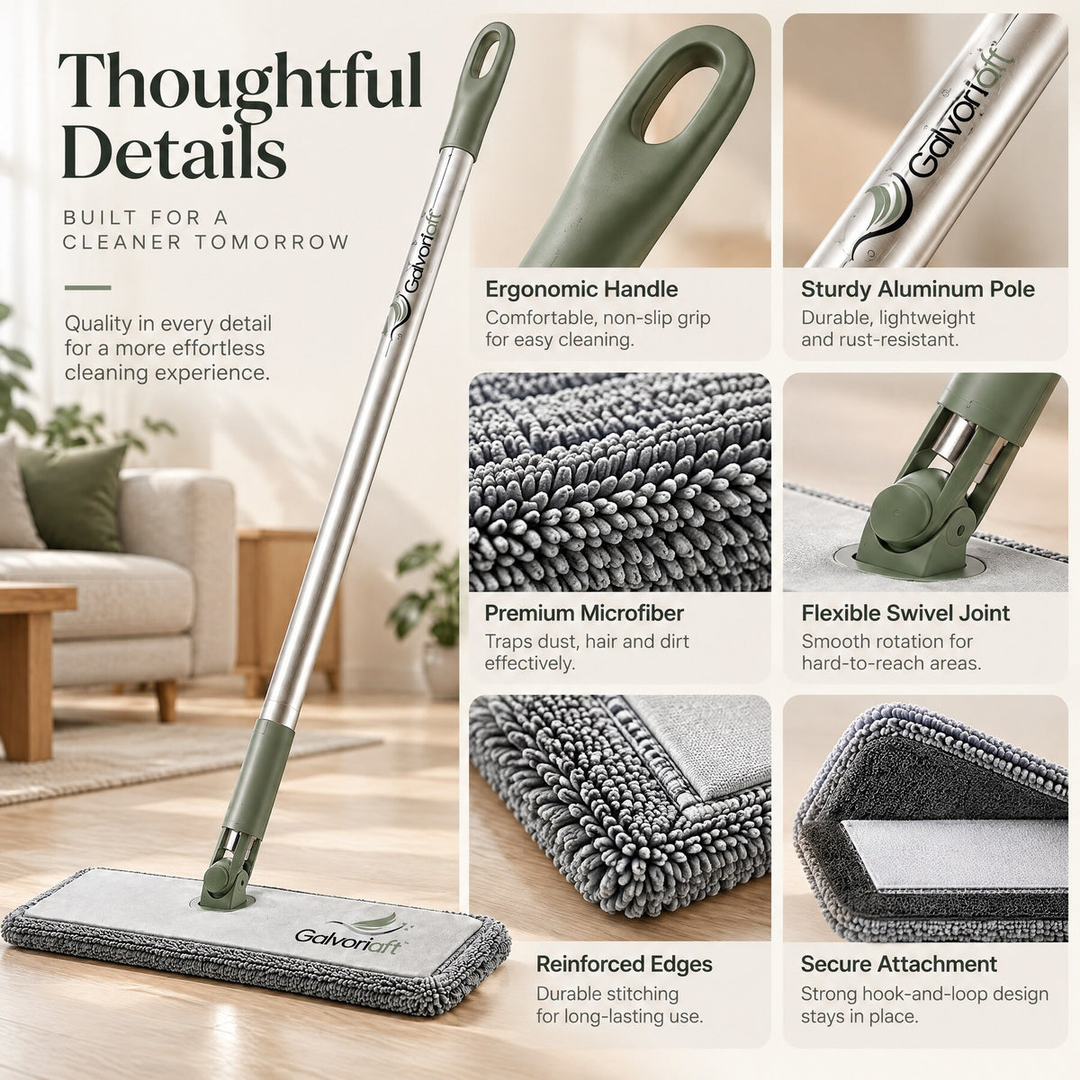 Galvoriaft™ Flat Microfiber Dust Mop with Extendable Handle – image 1
