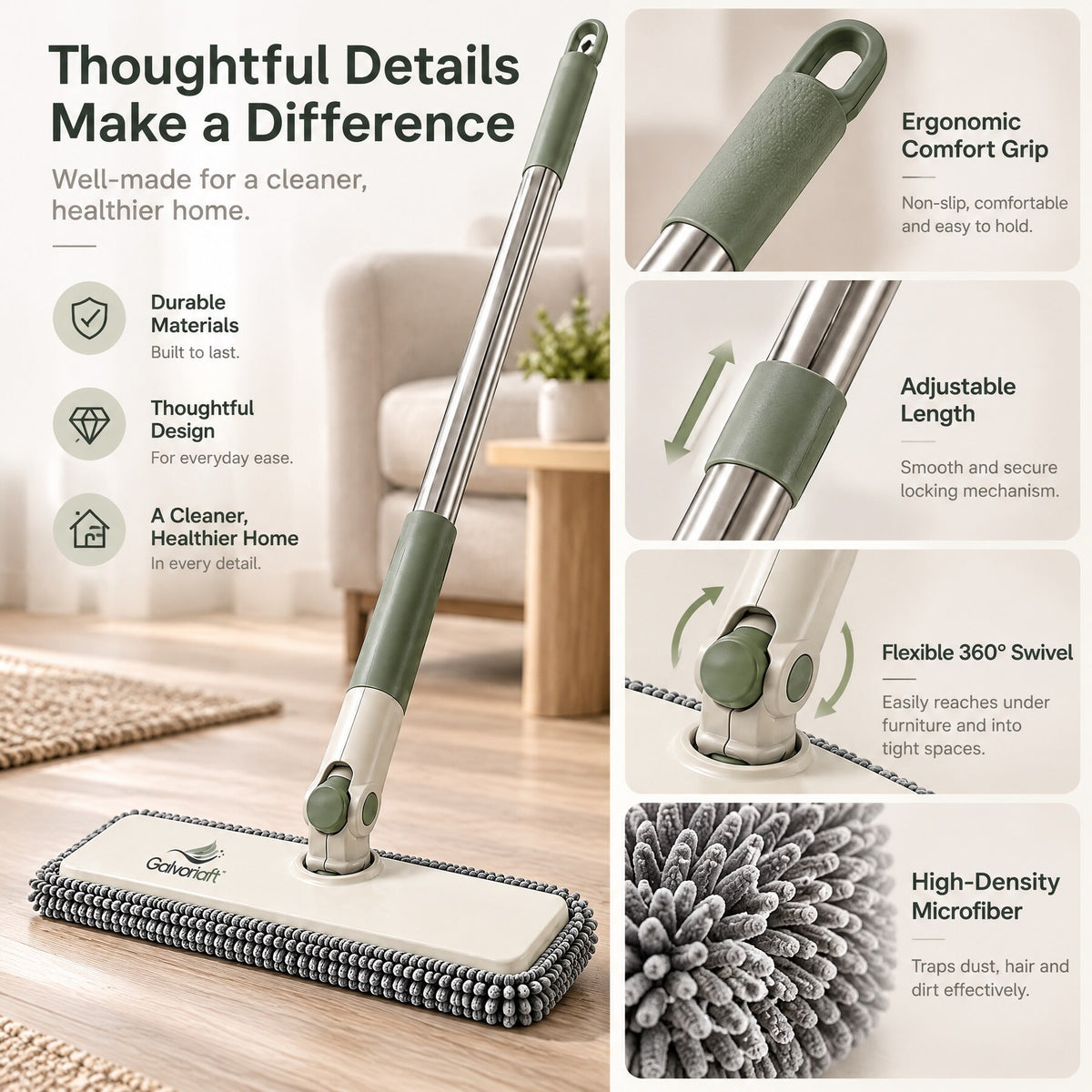 Galvoriaft™ Flat Microfiber Dust Mop with 360° Swivel Head & Adjustable Handle – image 1