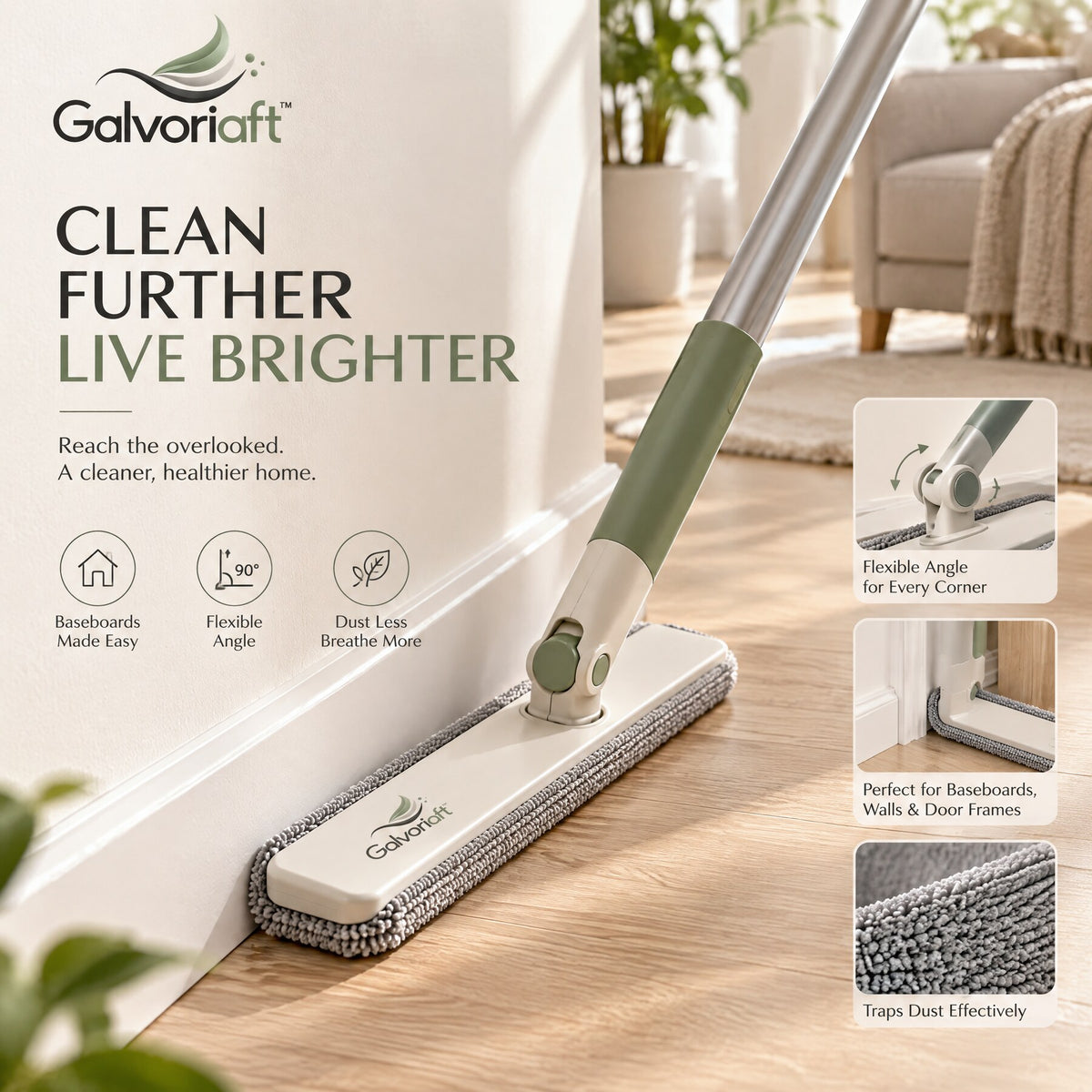 Galvoriaft™ Flat Microfiber Dust Mop with 360° Swivel Head & Adjustable Handle – white background view