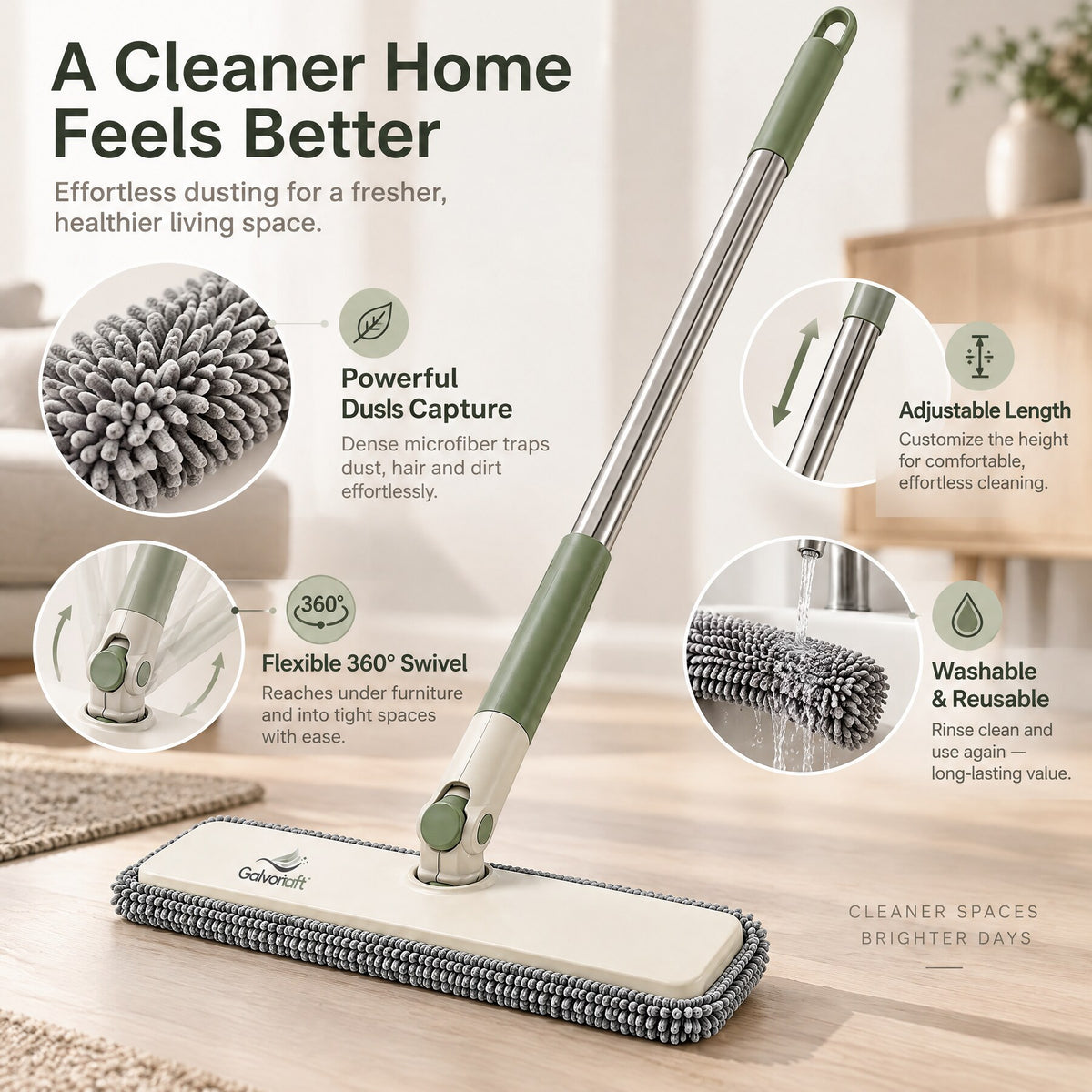 Galvoriaft™ Flat Microfiber Dust Mop with 360° Swivel Head & Adjustable Handle – image 3