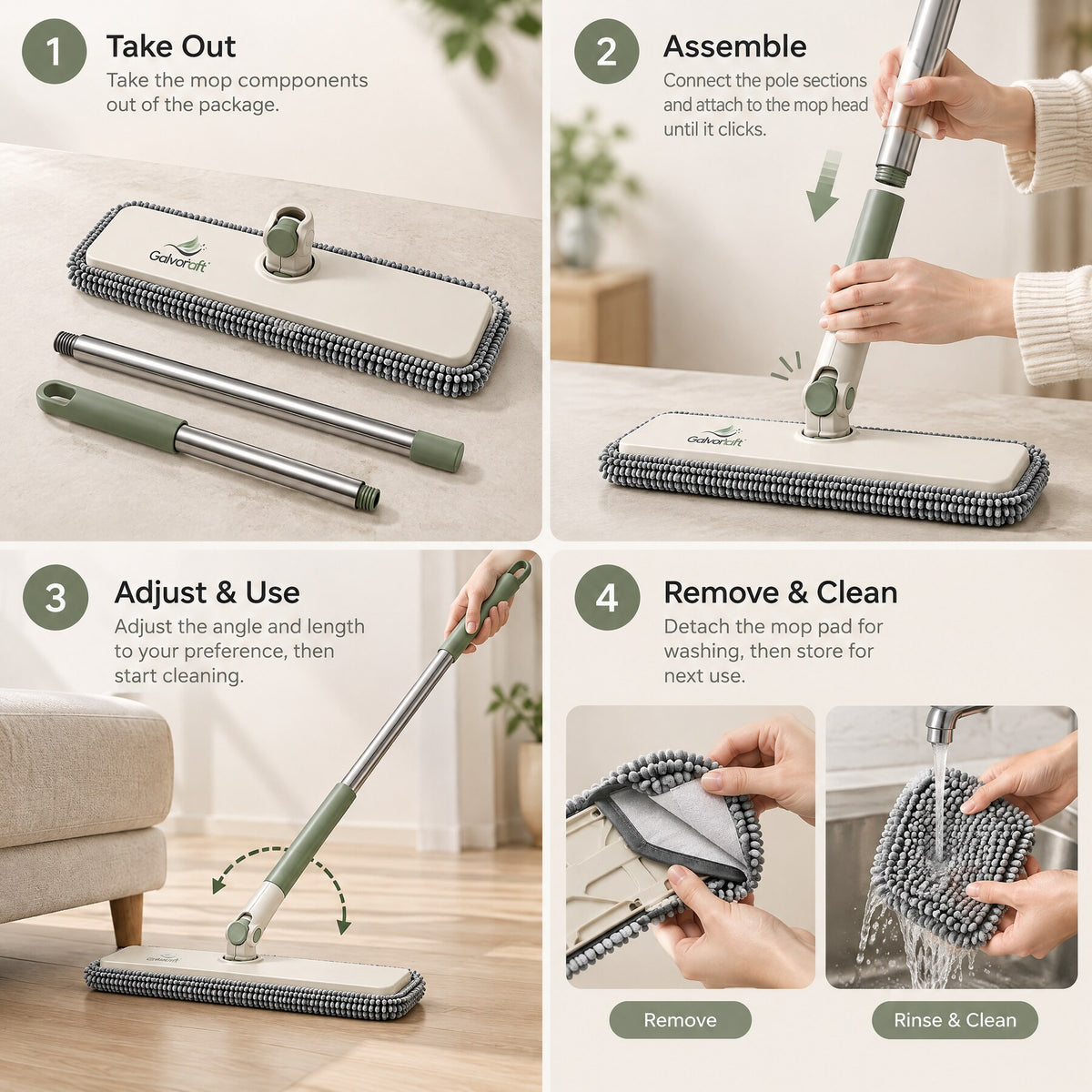 Galvoriaft™ Flat Microfiber Dust Mop with 360° Swivel Head & Adjustable Handle – image 4